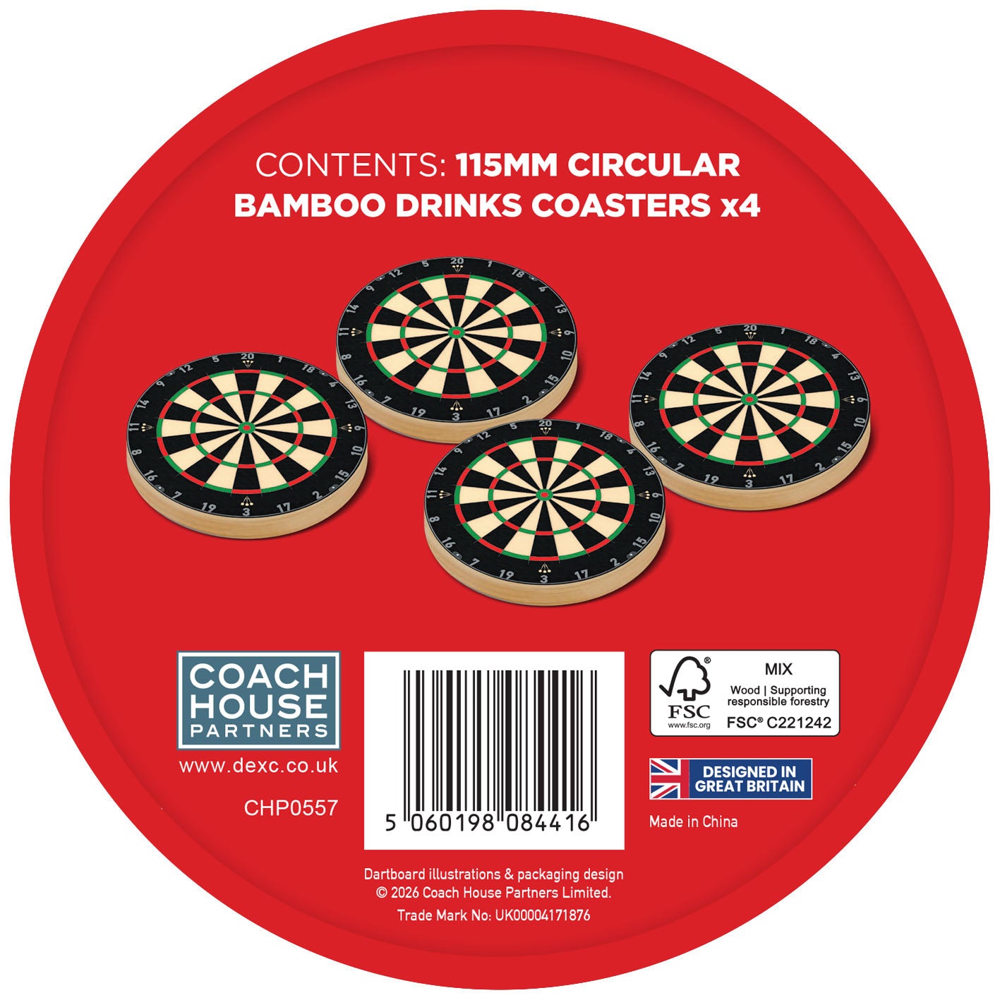 Dartboard Bamboo Drinks Coaster x4 Gift Set