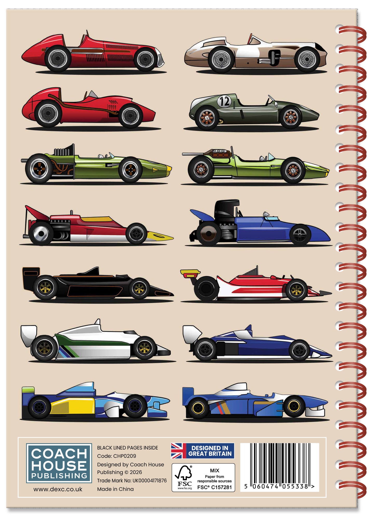 Grand Prix Cars Spiral Bound Notebook  (A5 Lined Pages)